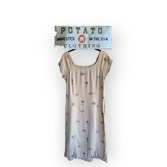 Retro Grunge Linen Dress Hot Air Balloon Print Vintage 1990s Size L Potato Cloth - Picture 3 of 11